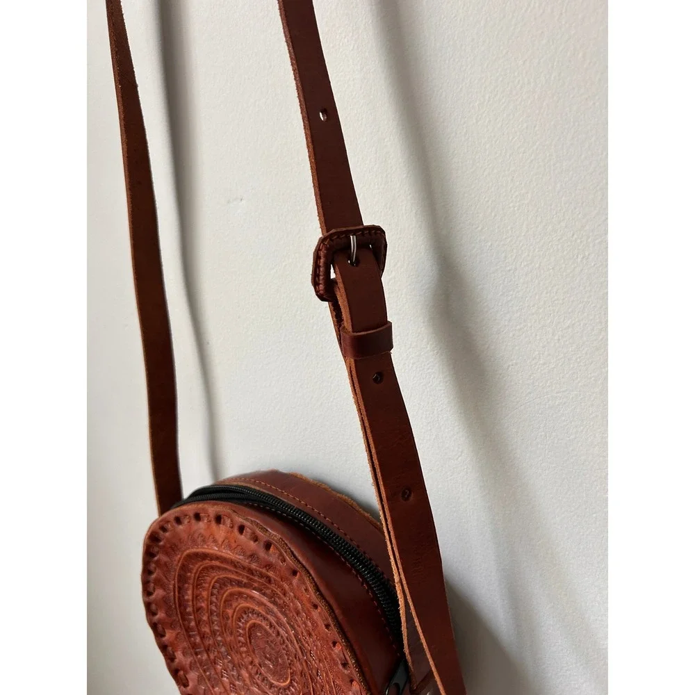 Handmade Round Leather Crossbody Bag Embossed Mandala Tooled Brown Boho Purse